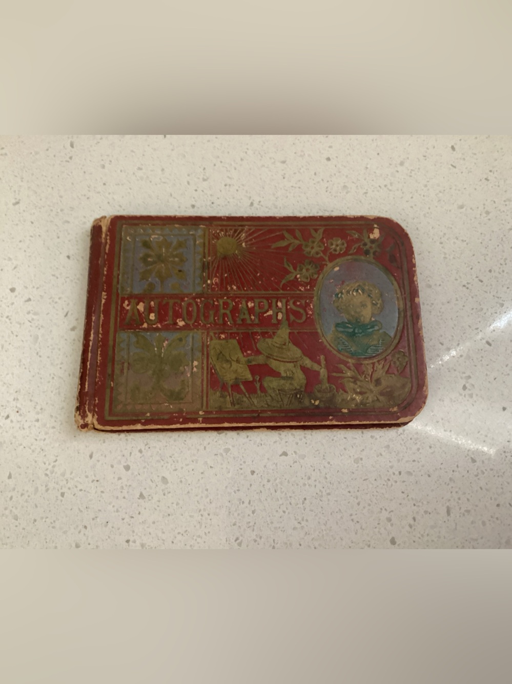 ANTIQUE Autigraph Book leather embossed beautiful gilt and color graphics